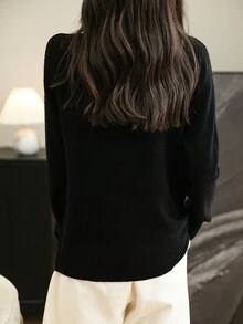 100% 美利奴羊毛针织女式高领长袖毛衣，秋冬保暖柔软复古针织衫，休闲黑色 - 黑色 - 查看 8