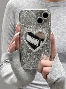 Glitter Heart Mirror Phone Case, Mirror Phone Case That Can Be Used For Makeup Touch-, Compatible With IPhone 15/15Pro/15Plus/15Promax - Bạc - Xem 5