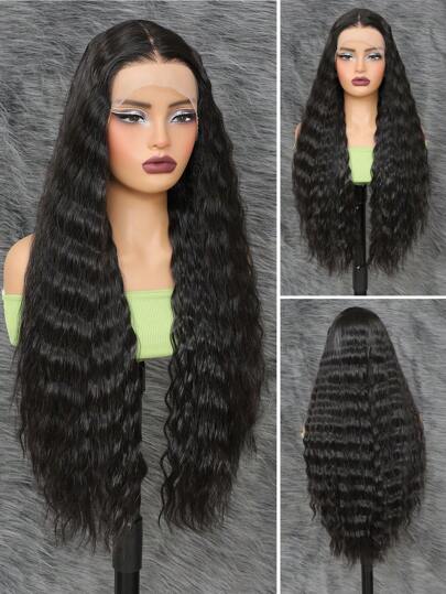 Crimps Curls Black Hair Wigs Synthetic Lace Front Wig,13x4 T Part Synthetic Lace Wigs Pre-Plucked Long Curly Wigs Deep Wave Wigs For Women Wig 28 Inch Middle Part Hair Wigs Beginner Friendly Natural Look For Girls Daily Party Use