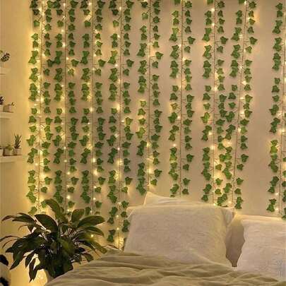 1 件 20/50/100 LED 电池供电灯串，铜线窗帘灯串，婚礼必需品，铜线星空仙女灯 2m/5m/10m 人造常春藤花环，悬挂假藤蔓灯装饰适用于家庭卧室、DIY、派对、新年、日常装饰、婚礼墙面装饰，适用于房间装饰、家居装饰、房间装饰用品、毕业典礼、装饰品、装饰、家居装饰品