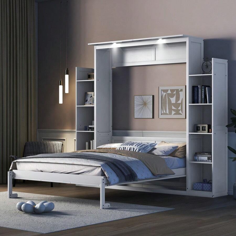 Queen Size Murphy Bed Wall Bed With Shelves And LED Lights, White