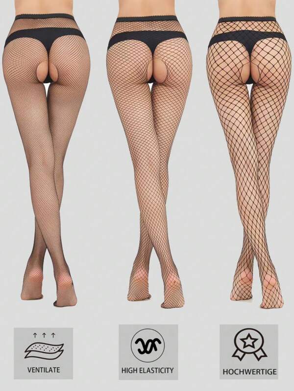 3pcs Women's Black Fishnet Tight Pants With Open Crotch, Sexy Street Punk Style Leggings For Spring, Summer, Autumn