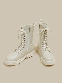 Women's Winter White Boots, New Autumn Winter Thick Sole Ankle Boots Women, Mid-Calf Lace-Up Zipper  Boots