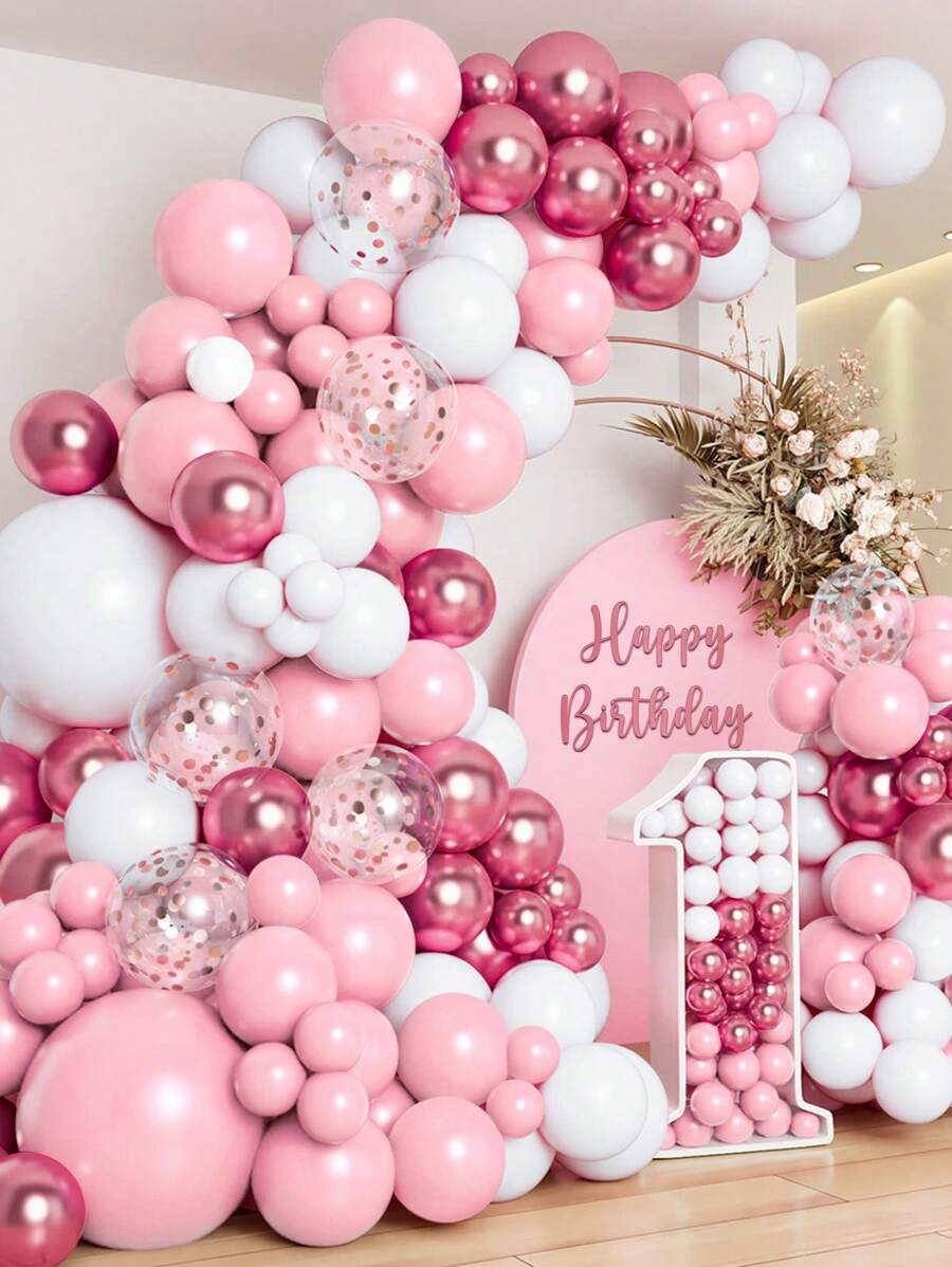 107 件淡粉色象牙白金属玫瑰金五彩纸屑乳胶气球完美装饰粉色主题 1 岁生日婚礼新娘送礼会派对节日周年庆典房间墙壁摄影背景装饰，装饰性气球花环拱门套件 - 粉紅玫瑰金 - 查看 1