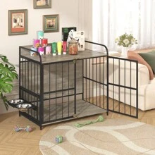 GO 39'' Indoor Metal Dog Crate With Double Doors, Wooden Side End Table Crate, Dog Crate Furniture With Adjustable Feeder Stand, For Medium Dog, Gray - 灰色+實木+狗如圖 - 查看 4