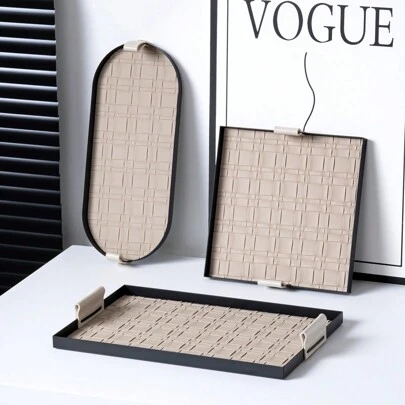 1 件多功能豪华皮革储物托盘，浴室台面桌面收纳架，适用于化妆品、香水、酒店房间 - 棕色、米色、矩形、椭圆形、正方形