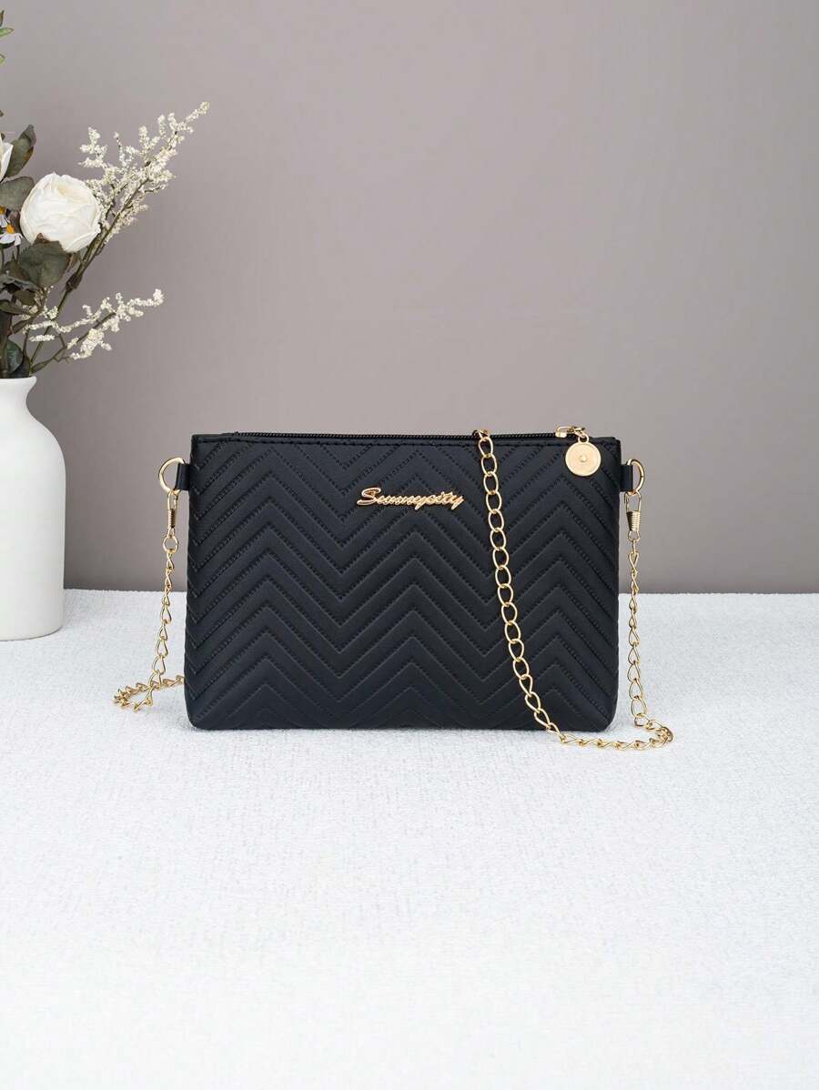 Wavy Embossed Small Square Bag With Chain Strap, Shoulder & Crossbody Bag, Distinct Textural Pattern, Suitable For Girls And Women To Carry For Various Occasions - Black - View 1