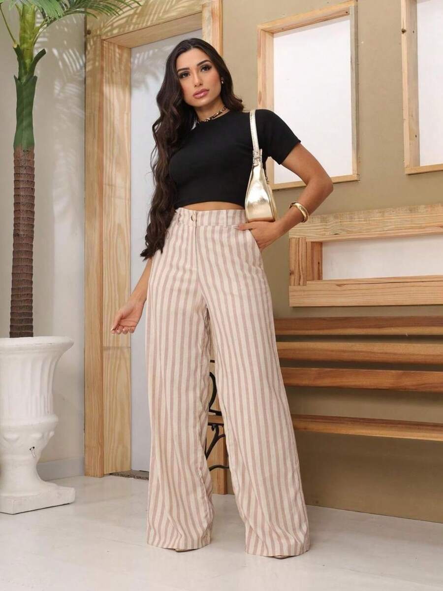 Casual Striped High Waist Wide Leg Pants - Màu be - Xem 1