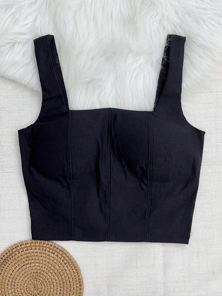 Cropped Top With Padding And Back With Zipper - 黑色 - 查看 1