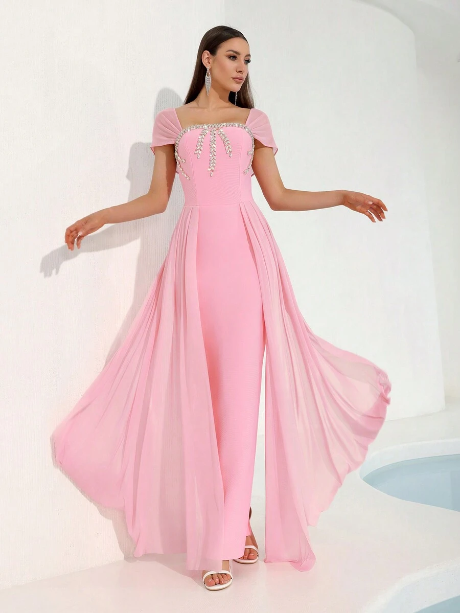 Modphy 2024 秋冬新款女士粉色性感短袖水晶网眼绷带拼接长款晚礼服派对