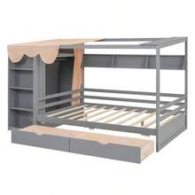 Full Size House Bed With Two Drawers And Wardrobe, Gray - 灰色+實木+全如圖 - 查看 13