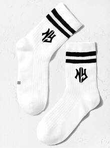 1pair Children's Solid Color Double Bar Sports Letter Mid Tube Socks Suitable For Daily Life - Black and White - View 4