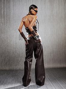 Low-Rise Distressed Wide-Leg PU Leather Pants - Brown - View 9
