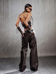 Low-Rise Distressed Wide-Leg PU Leather Pants