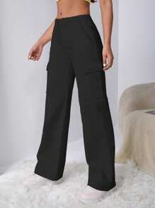 1pc Tween Girls Casual Loose Straight Multi-Pocket Cargo Pants, Suitable For Spring, Summer, Autumn And Winter - Black - View 3