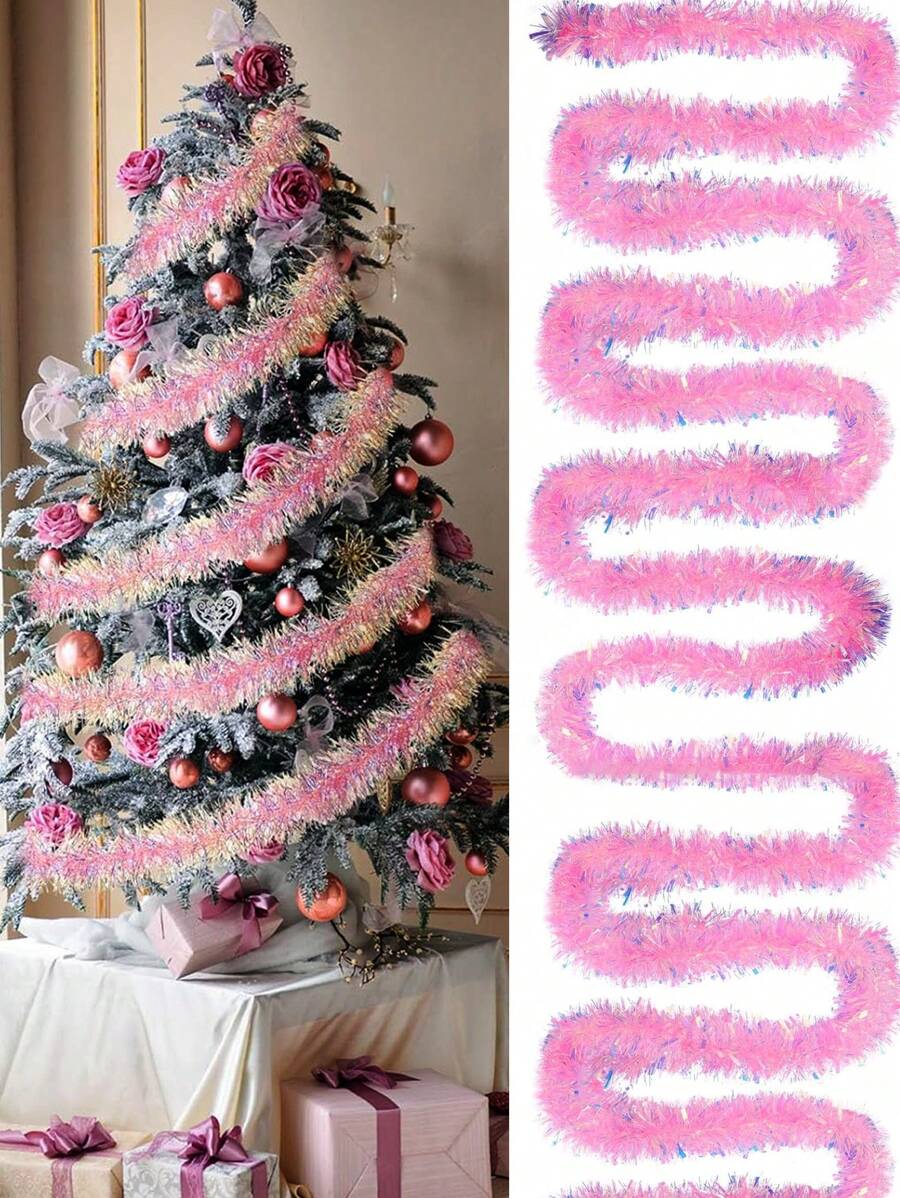 2件/套 - 粉色彩虹金属彩带，节日装饰，适用于生日、婚礼、节日、万圣节、圣诞节等各种场合，闪亮丝带适合室内外家居派对装饰、圣诞树装饰、圣诞工艺派对用品、圣诞树饰品、圣诞配件 - 粉色 - 查看 1