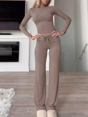Women's Two Pieces Fall Women Clothes Y2K Sporty Casual Home Solid Color Fitted Long-Sleeved T-Shirt And Long Pants Set