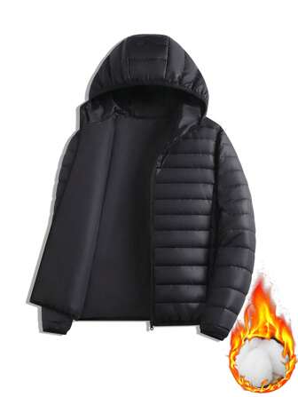 1pc Men's Solid Color Hooded Quilted Lightweight Padded Coat, Casual Outdoor Hiking Travel Sports Coat, Autumn/Winter