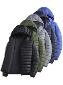 1 件男士纯色连帽绗缝轻质棉服外套，休闲户外徒步旅行运动外套，秋冬