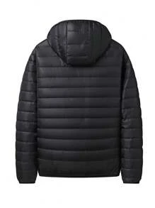 1 件男士纯色连帽绗缝轻质棉服外套，休闲户外徒步旅行运动外套，秋冬