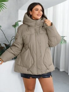 GASMAN Plus Size Padded Coat With Pockets, Zipper Front, Drawstring Hood