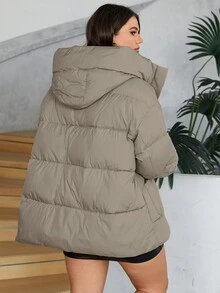 GASMAN Plus Size Padded Coat With Pockets, Zipper Front, Drawstring Hood
