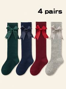 4 pares de calcetines a la pantorrilla de estilo princesa con lazo hecho a mano, borde de volantes, en verde, azul, rojo y gris, adecuados para bebés, niños y adolescentes