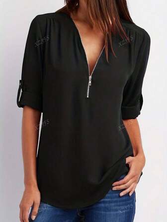 Camicia casual da donna con chiusura lampo frontale, a maniche 3/4, tinta unita