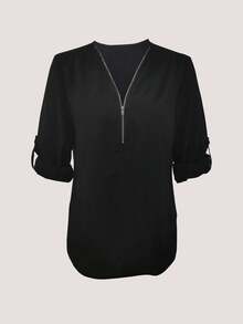 Women's Solid Color Front Zip Closure Mid-Length Sleeve Casual Shirt - Black - View 3