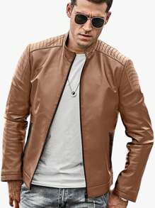 Chamarra Casual De Piel Sintética Para Hombre, Con Cuello Alto, Colores-Chamarra Tipo Piel Estilo Motociclista para Hombre con Detalles en Hombros (Varios Colores) - Camel - Ver 2