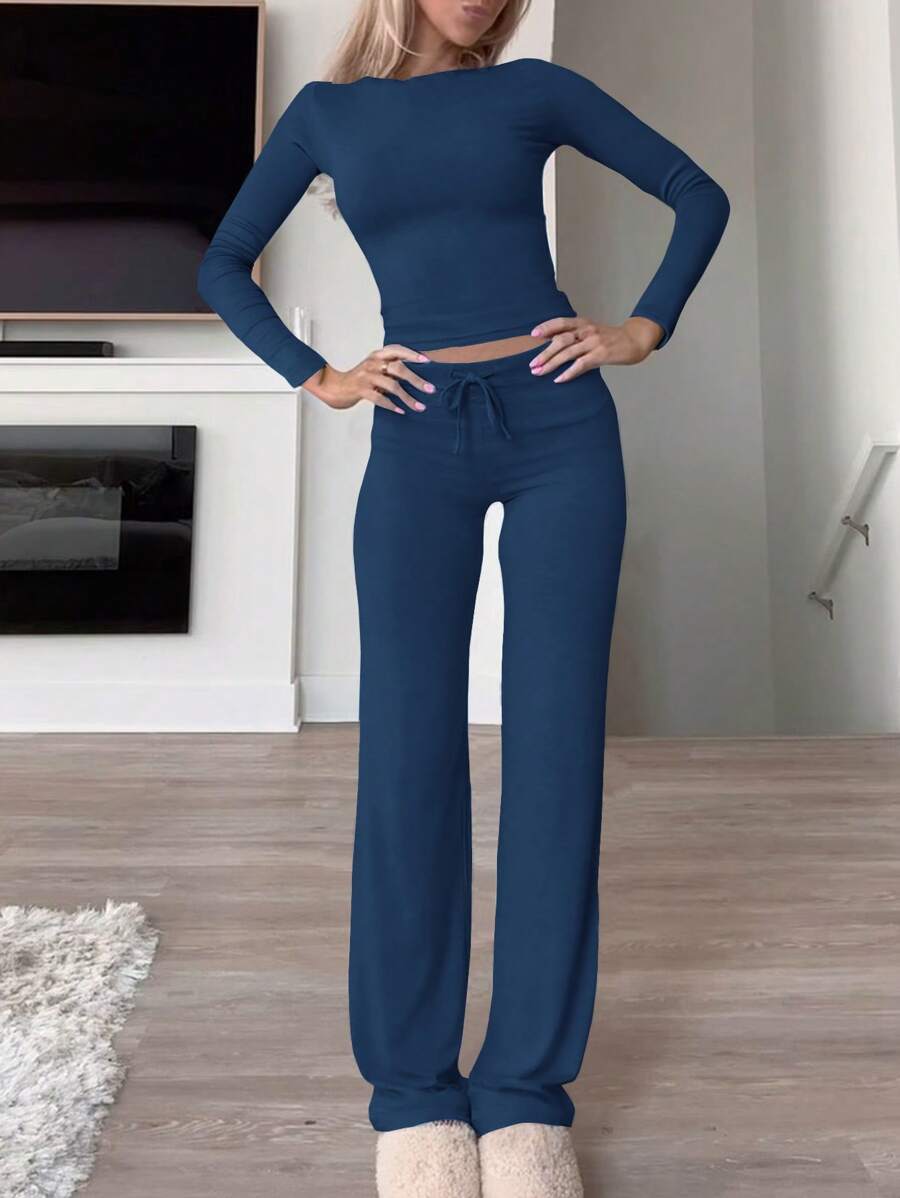 GAOVOT 女士两件套春夏 Y2K 运动休闲家居纯色修身长袖T恤和抽绳长裤套装 - 寶藍色 - 查看 1