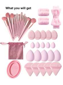 37pcs Facial Makeup Tool Set: Includes 13pcs Makeup Brushes & 1pc Hair Ties & 2pcs Wristbands & 4pcs Large Makeup Sponges & 4pcs Mini Beauty Eggs & 4pcs Fan-Shaped Powder Puffs & 4pcs Thumb Powder Puffs & 1pc Wash Brush Cleaning Bowl - Suitable For All Skin Types
