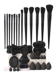 37pcs Facial Makeup Tool Set: Includes 13pcs Makeup Brushes & 1pc Hair Ties & 2pcs Wristbands & 4pcs Large Makeup Sponges & 4pcs Mini Beauty Eggs & 4pcs Fan-Shaped Powder Puffs & 4pcs Thumb Powder Puffs & 1pc Wash Brush Cleaning Bowl - Suitable For All Skin Types