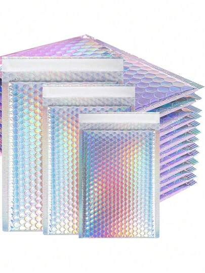 Finego 10Pcs Metallic Bubble Mailers, Poly Padded Envelopes,Waterproof Self Seal Adhesive Shipping Bags,Foil Glitter Glamour Shipping Mailer,Holographic Cushion Envelopes For Mailing,Packing,Small Business, Christmas Gift Bag,Christmas