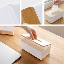 北欧风纸巾盒，竹盖实木收纳盒，桌面餐巾纸架，车载纸巾盒，宿舍收纳盒，节日装饰收纳盒，适合家庭办公室使用，可定制姓名首字母（26个字母）图案 - 白色 - 查看 4