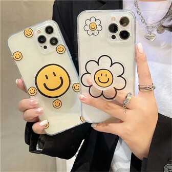 1pc Flower +1pc Smile Phone Holder Cute Cartoon Acrylic Clear Universal Grip Tok Phone Holders Bracket Compatible With IPhone, Android Phone, Gift For Birthday, Family, Friends Push-Pull Phone Grip, Phone Accessories