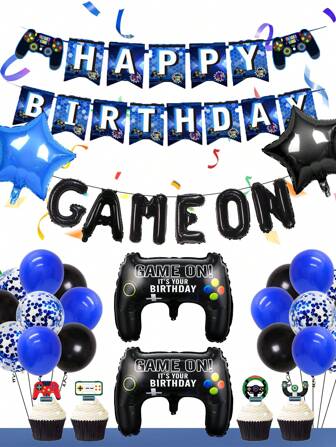 37pcs/Set Video Game Controller Balloon Blue Birthday Party Decoration Kit, Includes 16-Inch 'GAME ON' Letter Balloon, Blue & Black Star Balloons, Confetti Balloons, Suitable For Gaming Theme, Sports Night, Birthday Party,Christmas