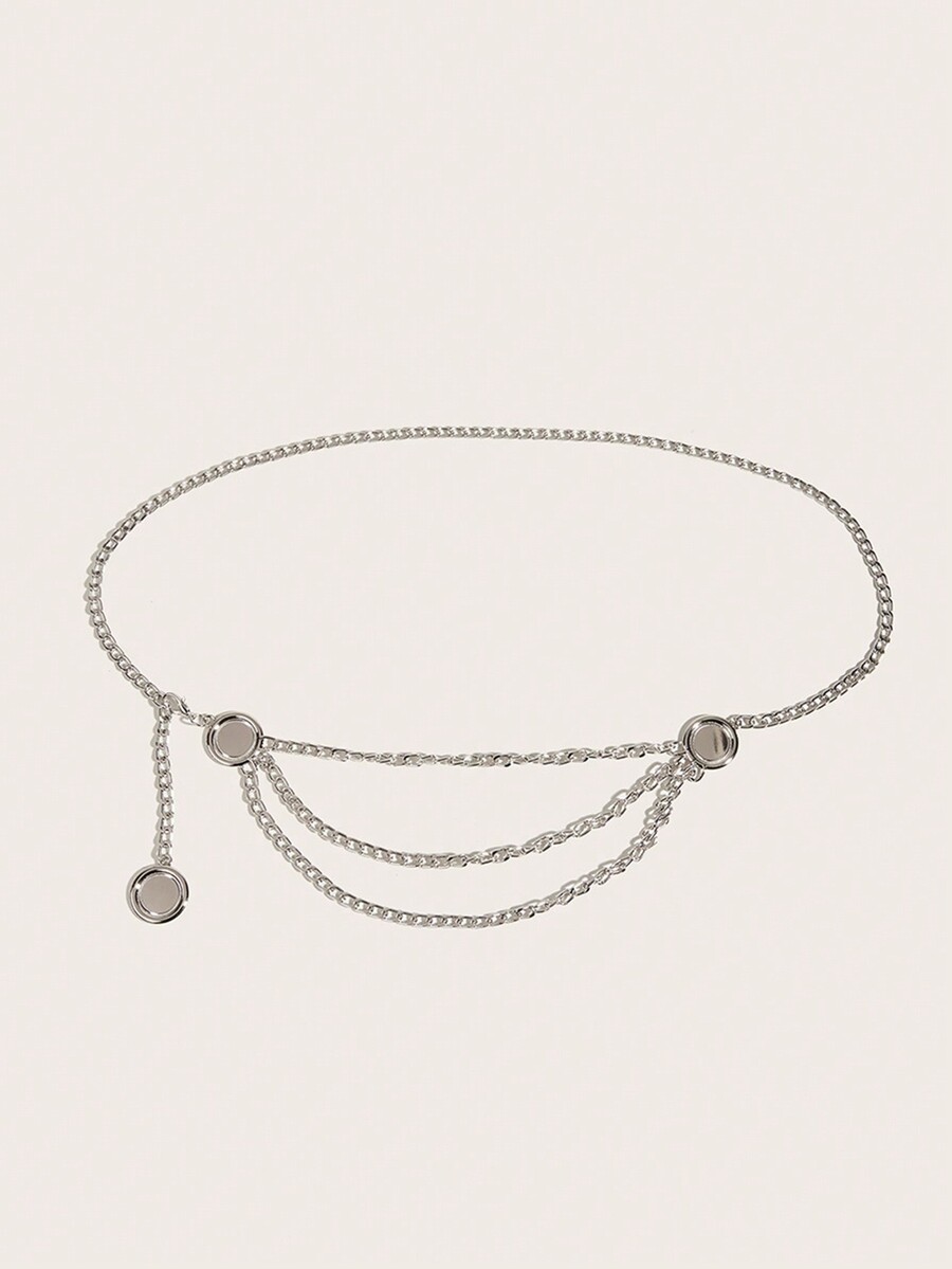 1pc Women's Silver 3Pendant Triple Layer Chain Belt, Elegant Metal