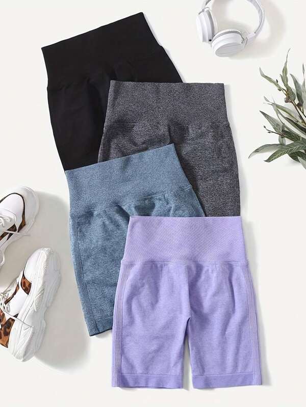 Women 4pcs Solid Color High-Waisted Simple Casual Sports Shorts Spandex Shorts Women Boxer Shorts