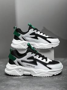 男士激光拼布纯色系带跑步运动鞋，时尚潮流百搭字母休闲白鞋 - 黑色 - 查看 2