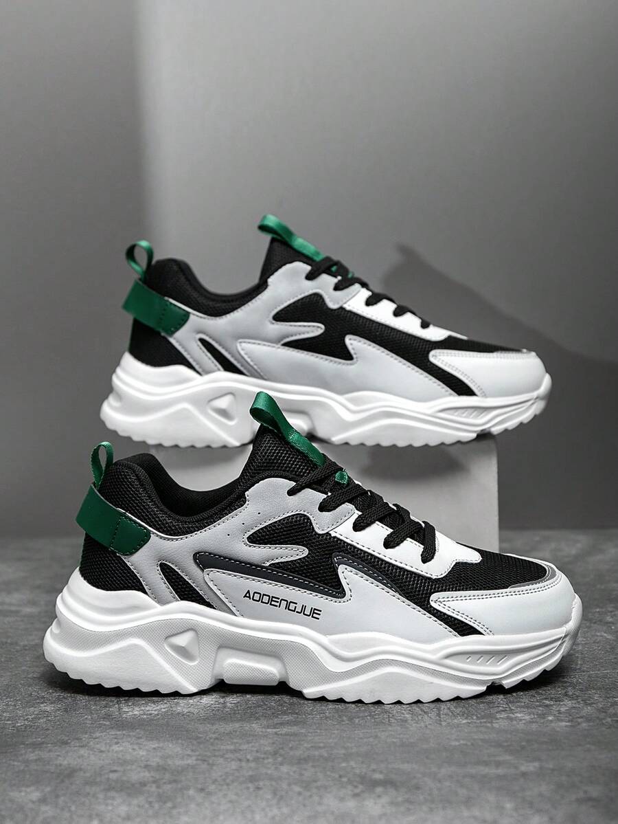 男士激光拼布纯色系带跑步运动鞋，时尚潮流百搭字母休闲白鞋
