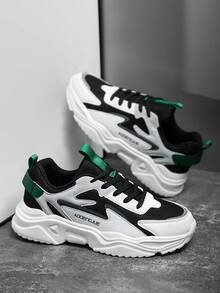 男士激光拼布纯色系带跑步运动鞋，时尚潮流百搭字母休闲白鞋 - 黑色 - 查看 3