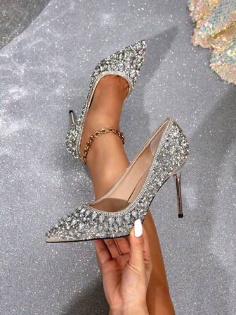 Sexy Luxury Pearl Rhinestone Pointed Toe High Heel Shoes For Women Fine Heels Silver Bridal Bridesmaid Wedding Shoes Autumn Party Pumps