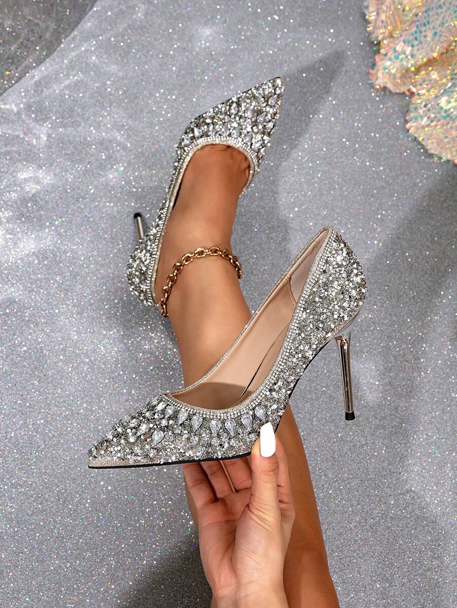 性感奢华珍珠水钻尖头高跟鞋女细高跟鞋银色新娘伴娘婚鞋秋季派对高跟鞋 - 銀色 - 查看 1