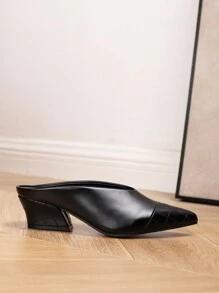 Classic Spring Autumn Pointed Toe Deep-Cut Chunky Heel Mule Shoes, Elegant & Comfortable For Work Or Vacation, Women's Black Matte PU Leather With Crocodile Pattern Peep-Toe High Heel Pumps With Unique Heels