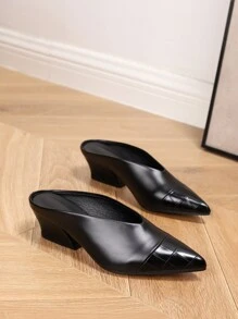 Classic Spring Autumn Pointed Toe Deep-Cut Chunky Heel Mule Shoes, Elegant & Comfortable For Work Or Vacation, Women's Black Matte PU Leather With Crocodile Pattern Peep-Toe High Heel Pumps With Unique Heels
