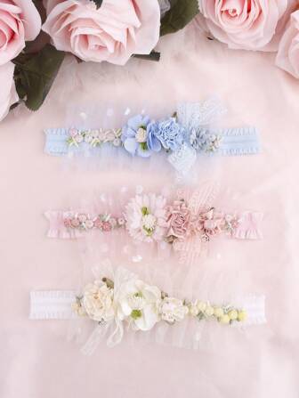 3pcs Multi-Color Lace Flower Soft Stretchy Baby Headbands Love Valentine