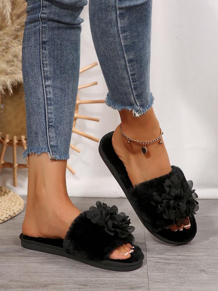 Women Lace Flower Furry Black Slide Sandals Fashionable Closed Toe Faux Fur Slippers For Fall Winter Indoor Outdoor Use SHEIN UK