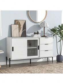 Modern Featured Storage Cabinet Sideboard With Glass Sliding Door And 3 Drawers, Entryway Console Table Kitchen Buffet Cabinet For Corridors Entrances Kitchen Study White,Fiah