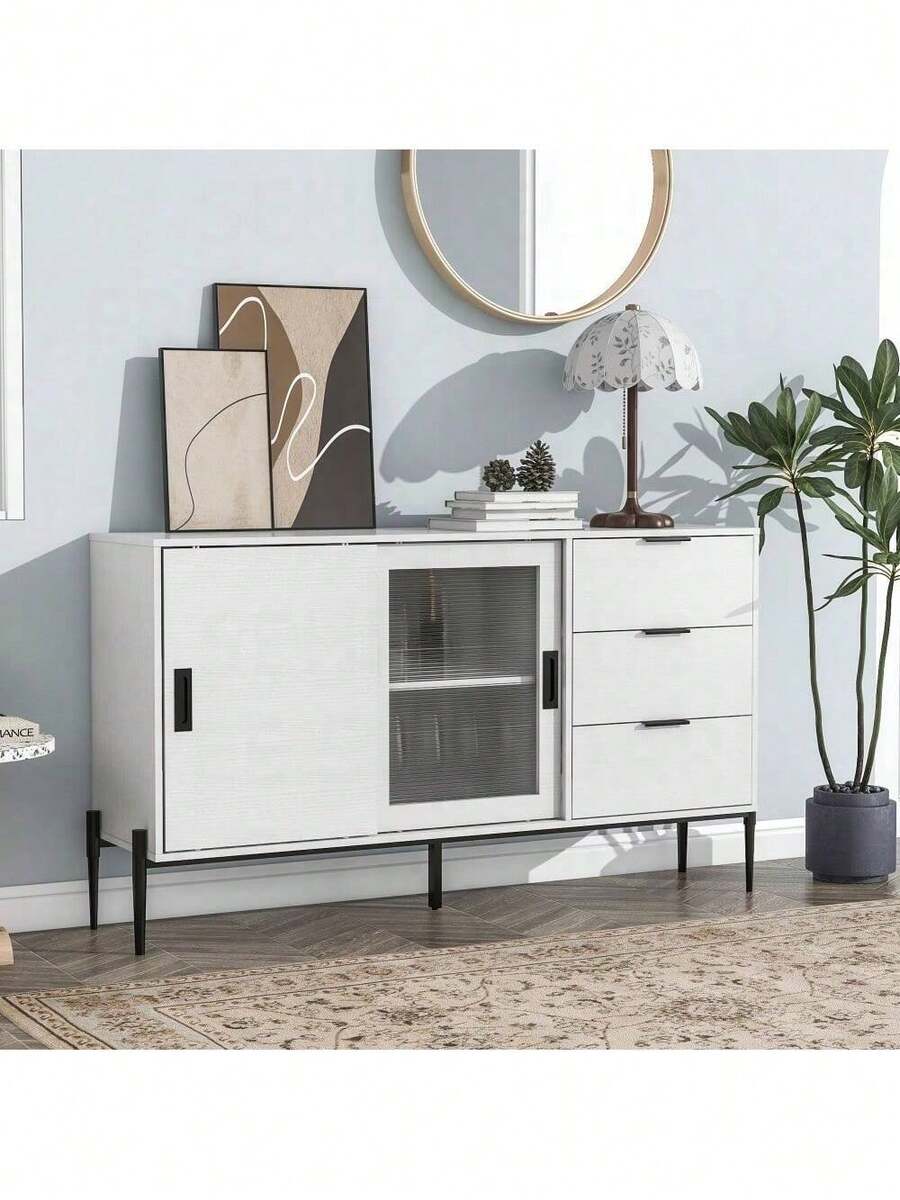 Modern Featured Storage Cabinet Sideboard With Glass Sliding Door And 3 Drawers, Entryway Console Table Kitchen Buffet Cabinet For Corridors Entrances Kitchen Study White,Fiah
